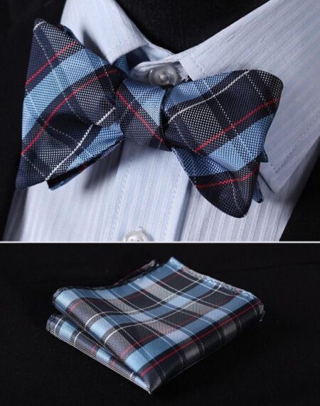 Blue Red Check Mens Silk Self tie Bow Tie with Pocket Squares Set - Amedeo Exclusive