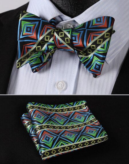 Blue Green Check Mens Silk Self tie Bow Tie with Pocket Squares Set - Amedeo Exclusive