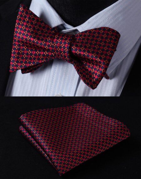 Men's Silk Orange Blue Check Self  Bow Tie Pocket Handkerchief - Amedeo Exclusive
