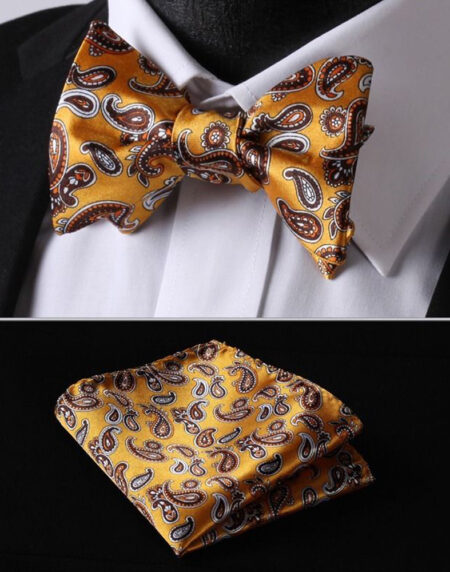 Orange Brown Paisley Mens Silk Self tie Bow Tie with Pocket Squares Set - Amedeo Exclusive