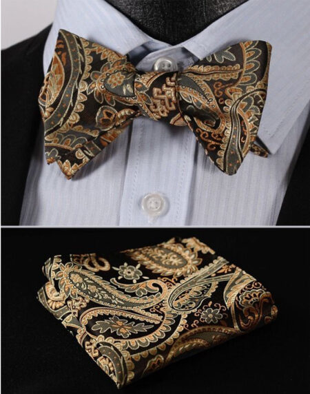 Men's Silk Gold Paisley Floral Self  Bow Tie Pocket Handkerchief - Amedeo Exclusive
