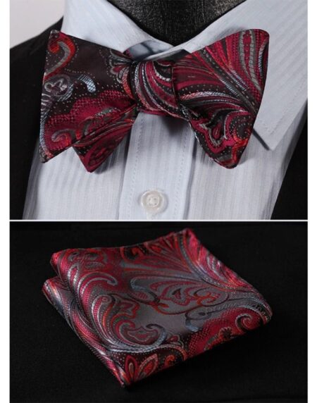 Men's Silk Red Gray Floral Self  Bow Tie Pocket Handkerchief - Amedeo Exclusive