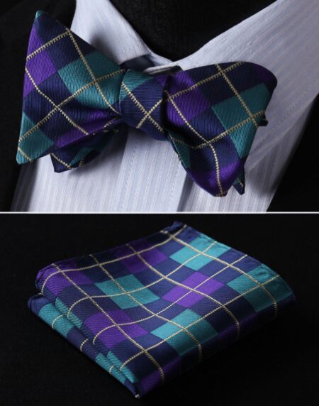 Men's Silk Aqua Purple Check Self Bow Tie Handkerchief - Amedeo Exclusive