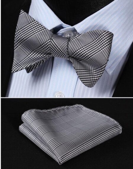 Men's Silk Black White Check Self  Bow Tie Pocket Handkerchief - Amedeo Exclusive