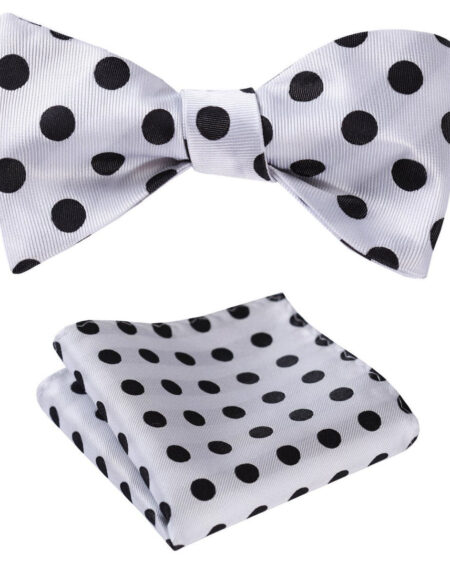 White & Black Mens Silk Self tie Bow Tie with Pocket Squares Set - Amedeo Exclusive