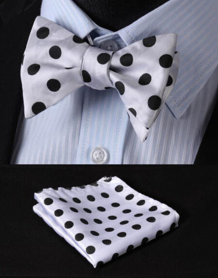 White & Black Mens Silk Self tie Bow Tie with Pocket Squares Set - Amedeo Exclusive