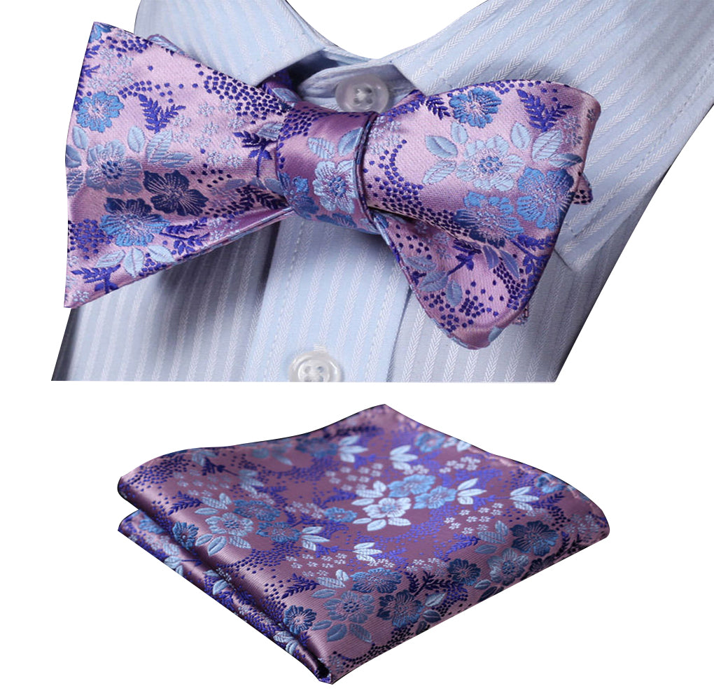 Men's Silk Light Purple Floral Self Bow Tie Handkerchief - Amedeo Exclusive