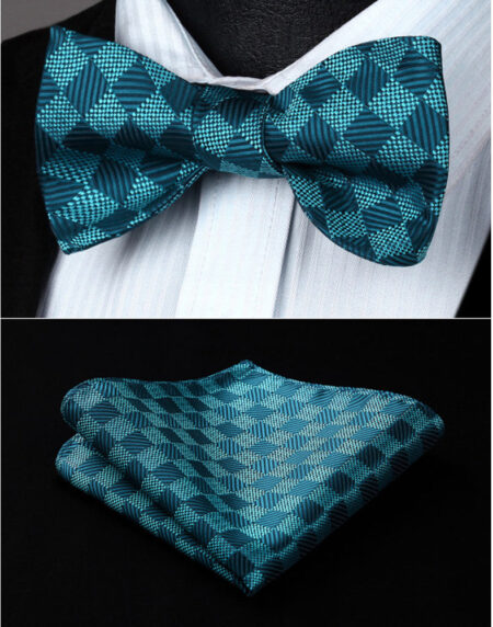 Turquoise Checkers Mens Silk Self tie Bow Tie with Pocket Squares Set - Amedeo Exclusive
