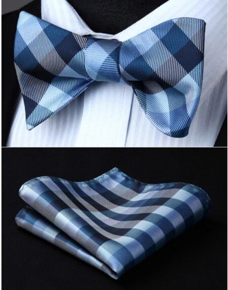 Blue Check Mens Silk Self tie Bow Tie with Pocket Squares Set - Amedeo Exclusive