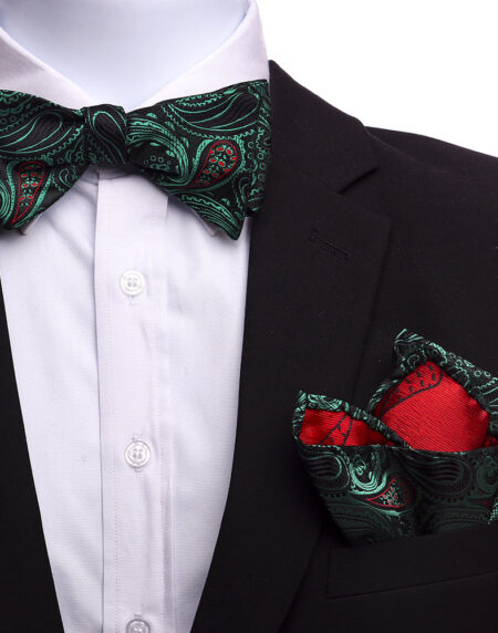 Men's Silk Green Black Red Self Bow Tie - Amedeo Exclusive