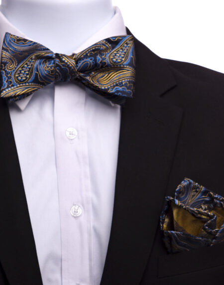 Men's Blue & Black Silk Self Bow Tie with Handkerchief - Amedeo Exclusive