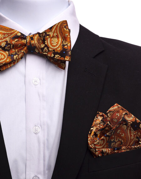 Men's Orange And Gold Paisley Silk Self Bow Tie - Amedeo Exclusive