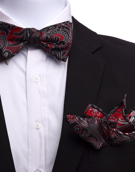 Men's Red & Black Self Bow Tie with Handkerchief - Amedeo Exclusive