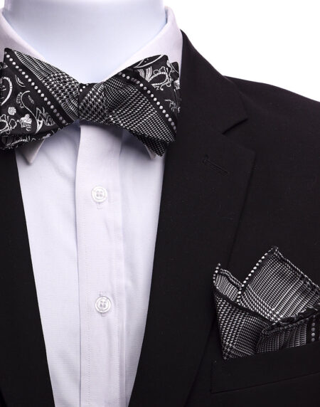 Men's Black And Silver Paisley Silk Self Bow Tie - Amedeo Exclusive
