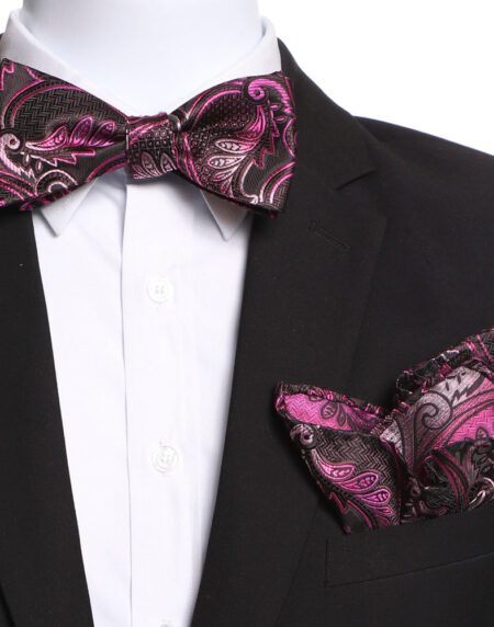 Men's Pink & Black Self Bow Tie with Handkerchief - Amedeo Exclusive