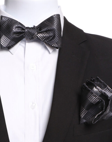 Men's Grey / Black Self Bow Tie with Handkerchief - Amedeo Exclusive