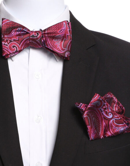 Men's Pink & Red Self Bow Tie with Handkerchief - Amedeo Exclusive