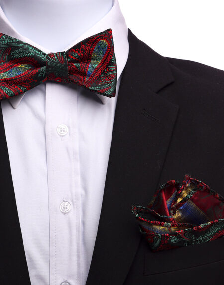 Men's Red, Green, And Black Silk Self Bow Tie - Amedeo Exclusive