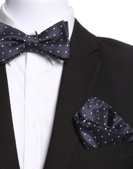 Men's Blue & White Self Bow Tie with Handkerchief - Amedeo Exclusive