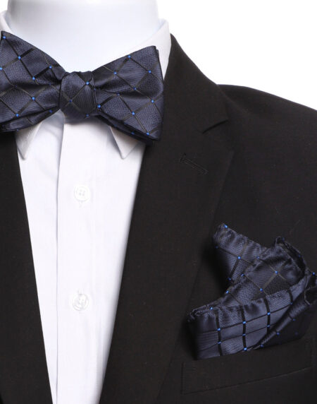 Men's Navy Blue Self Bow Tie with Handkerchief - Amedeo Exclusive
