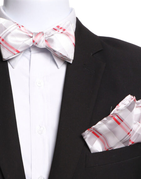 Men's White Grey Red Plaid Self Bow Tie - Amedeo Exclusive