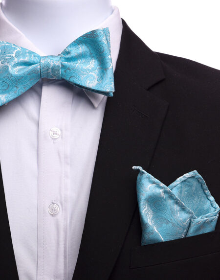 Men's 100% Silk Self Bow Tie with Matching Pocket Square Hanky Set - Amedeo Exclusive