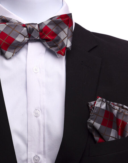 Men's Red And Grey Plaid Silk Self Bow Tie - Amedeo Exclusive
