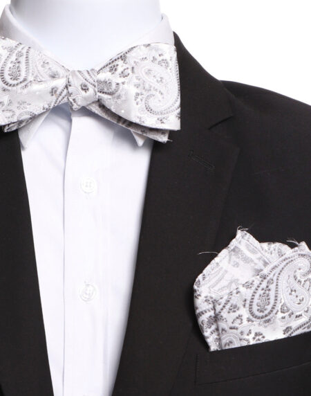 Men's White & Grey Self Bow Tie with Handkerchief - Amedeo Exclusive