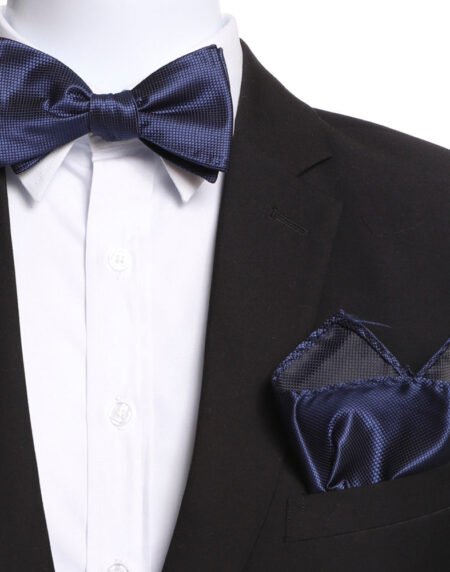 Men's Silk Navy Blue Self Bow Tie with Handkerchief - Amedeo Exclusive