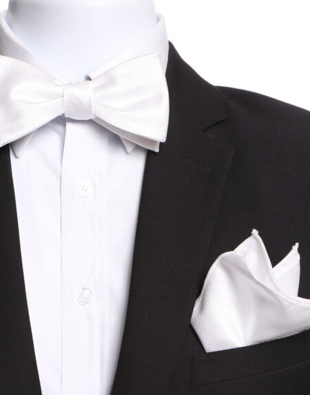 Men's White Self Bow Tie & Handkerchief - Amedeo Exclusive