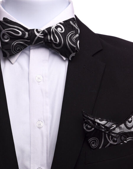 Men's Black, Silver Gray Swirls Self Bow Tie - Amedeo Exclusive
