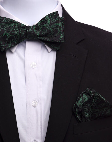 Men's Green Black Paisley Silk Self Bow Tie - Amedeo Exclusive