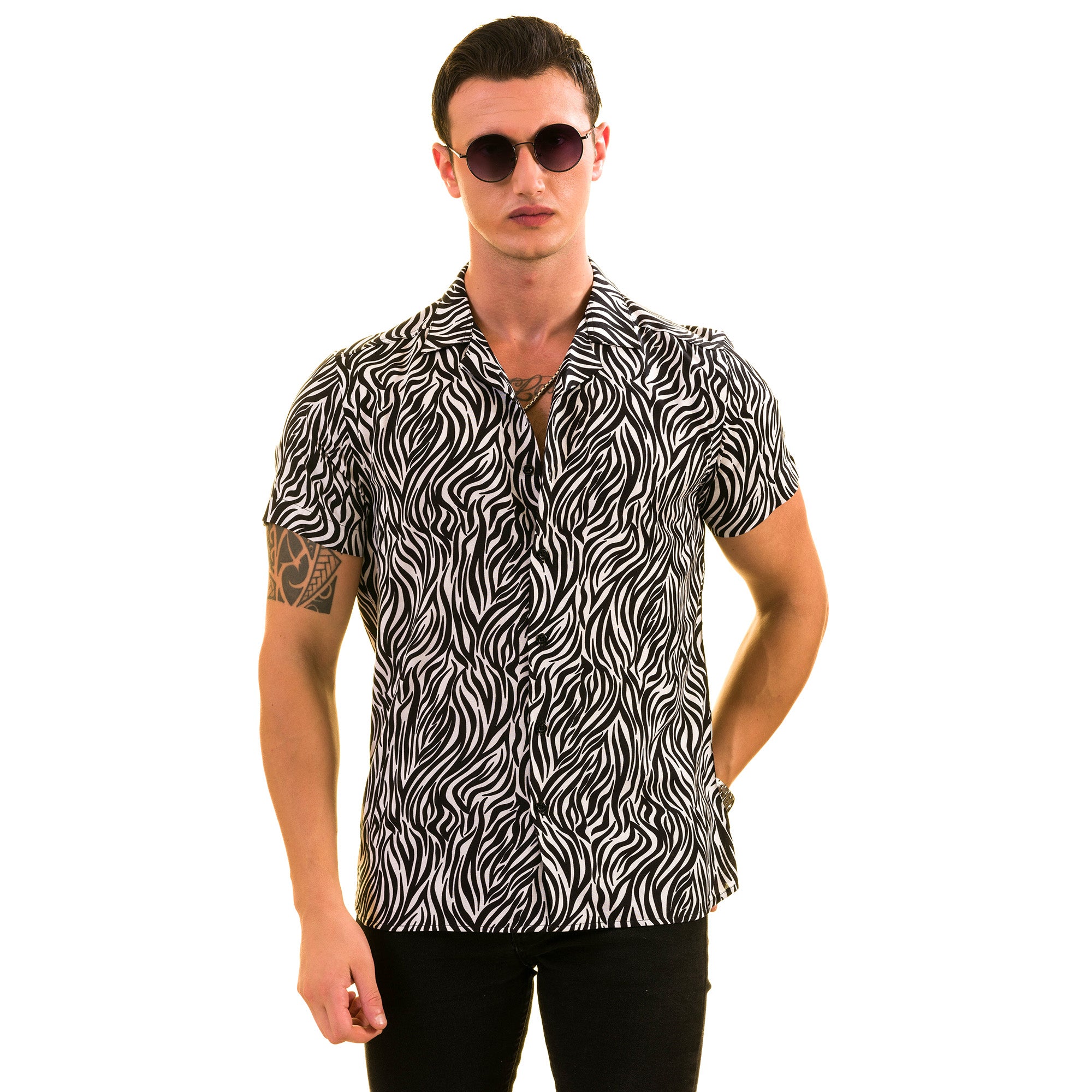 Black & White Zebra Print Hawaiian Shirt for Men - European Made Summer Wear - Image 2