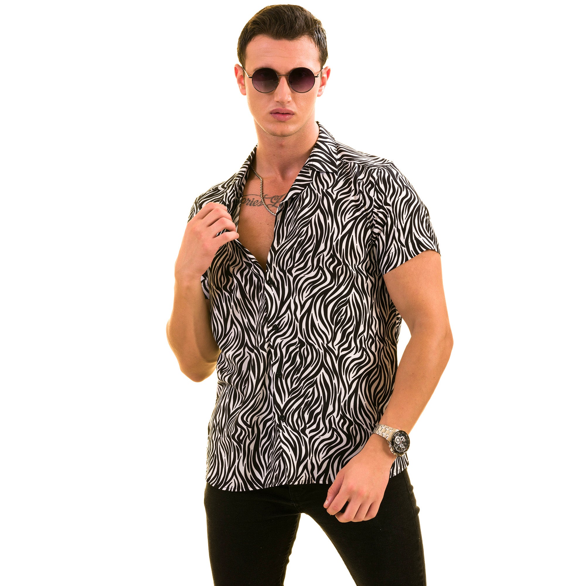 Black & White Zebra Print Hawaiian Shirt for Men - European Made Summer Wear