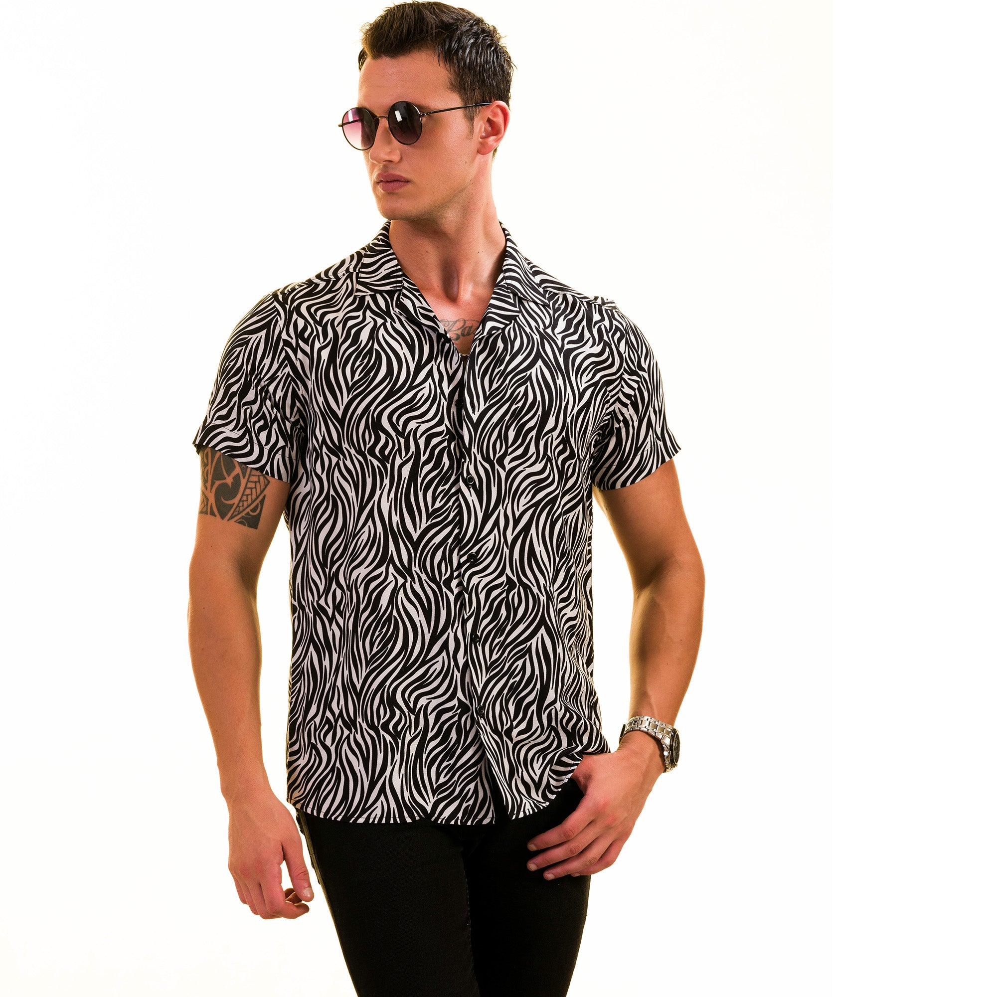Black & White Zebra Print Hawaiian Shirt for Men - European Made Summer Wear - Image 4