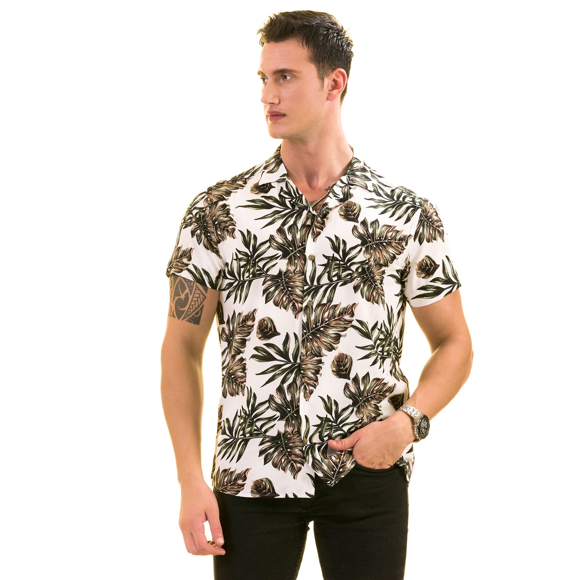 White Printed Tropical Hawaiian Shirt for Men - European Made Summer Wear