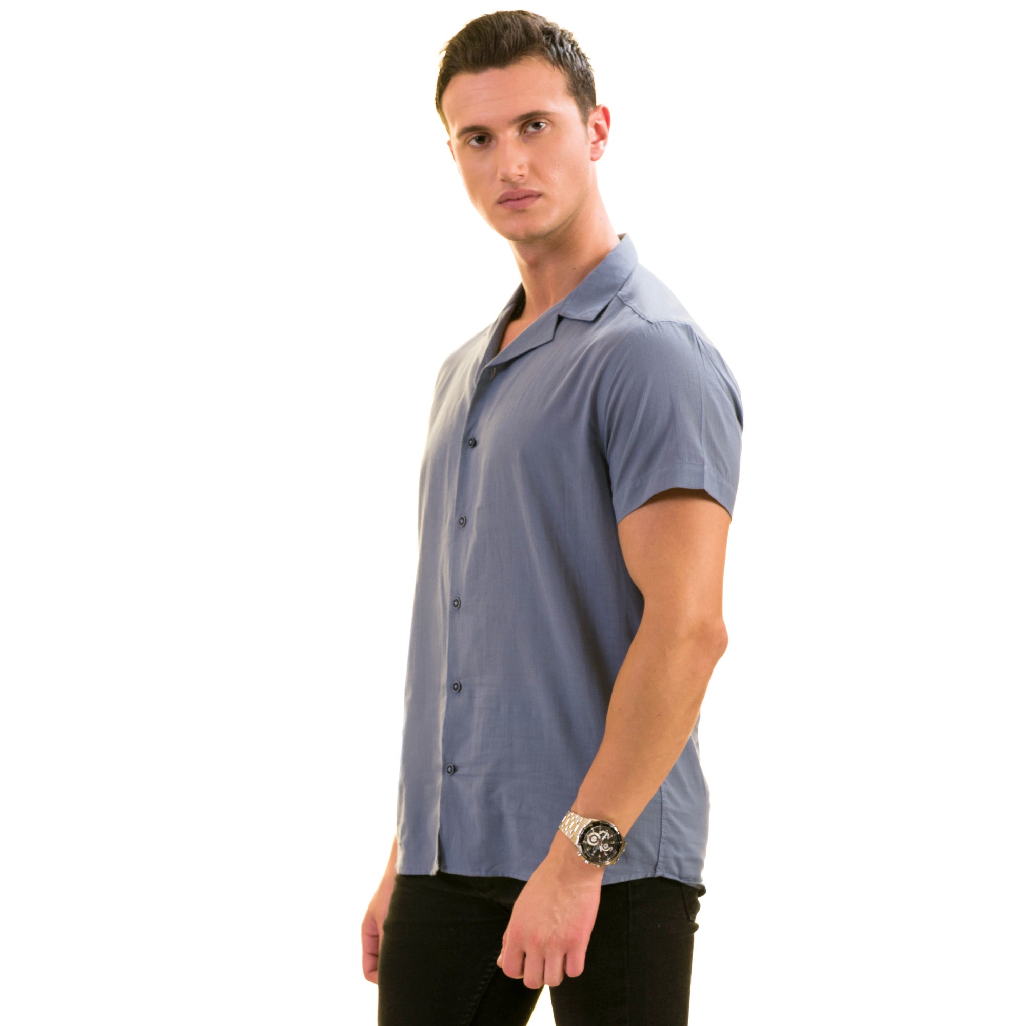 Light Blue Solid Hawaiian Shirt for Men - European Designed Summer Style - Image 3