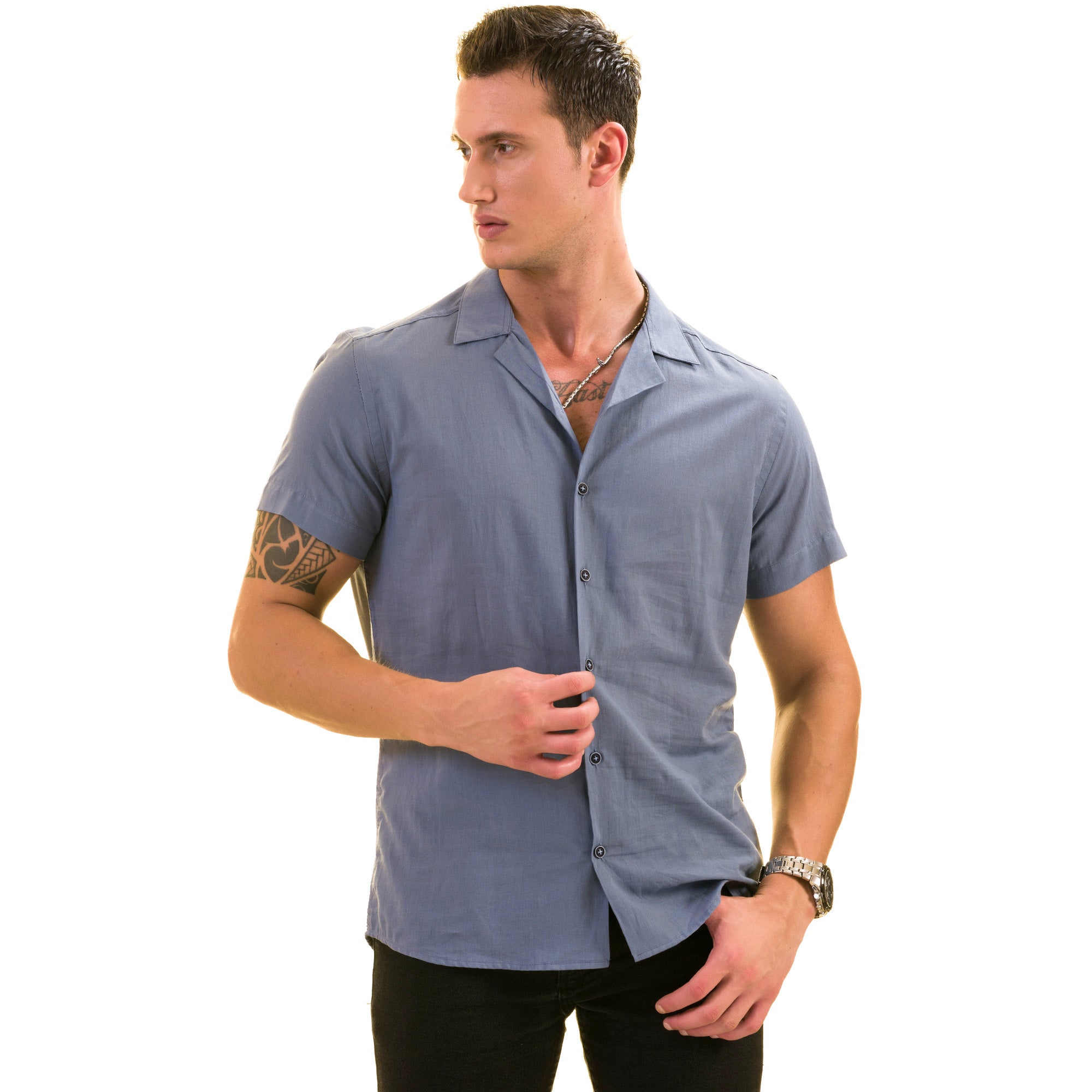 Light Blue Solid Hawaiian Shirt for Men - European Designed Summer Style - Image 4