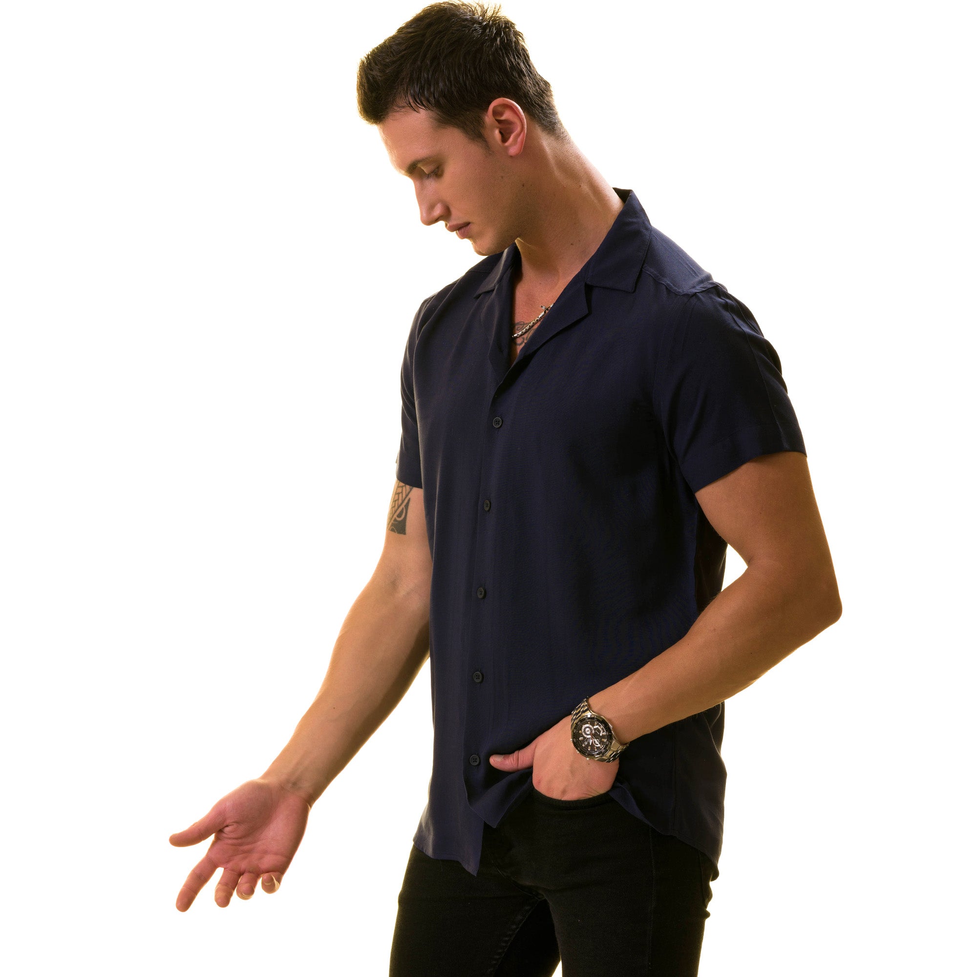 Navy Solid Hawaiian Summer Shirt for Men - European Made & Designed - Image 3