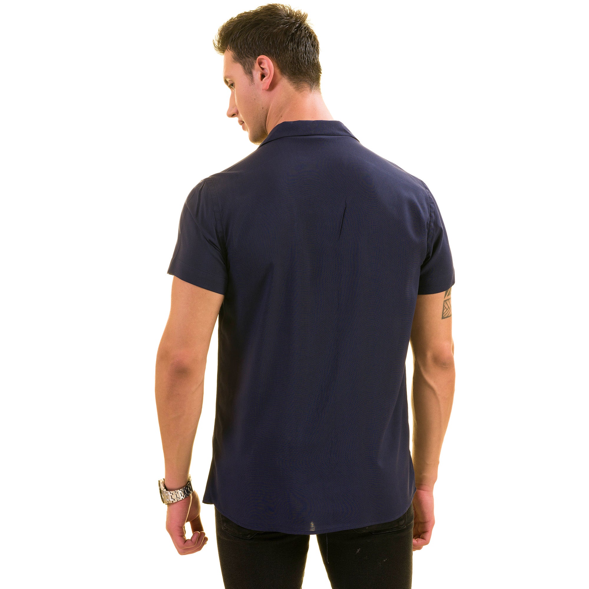 Navy Solid Hawaiian Summer Shirt for Men - European Made & Designed - Image 4