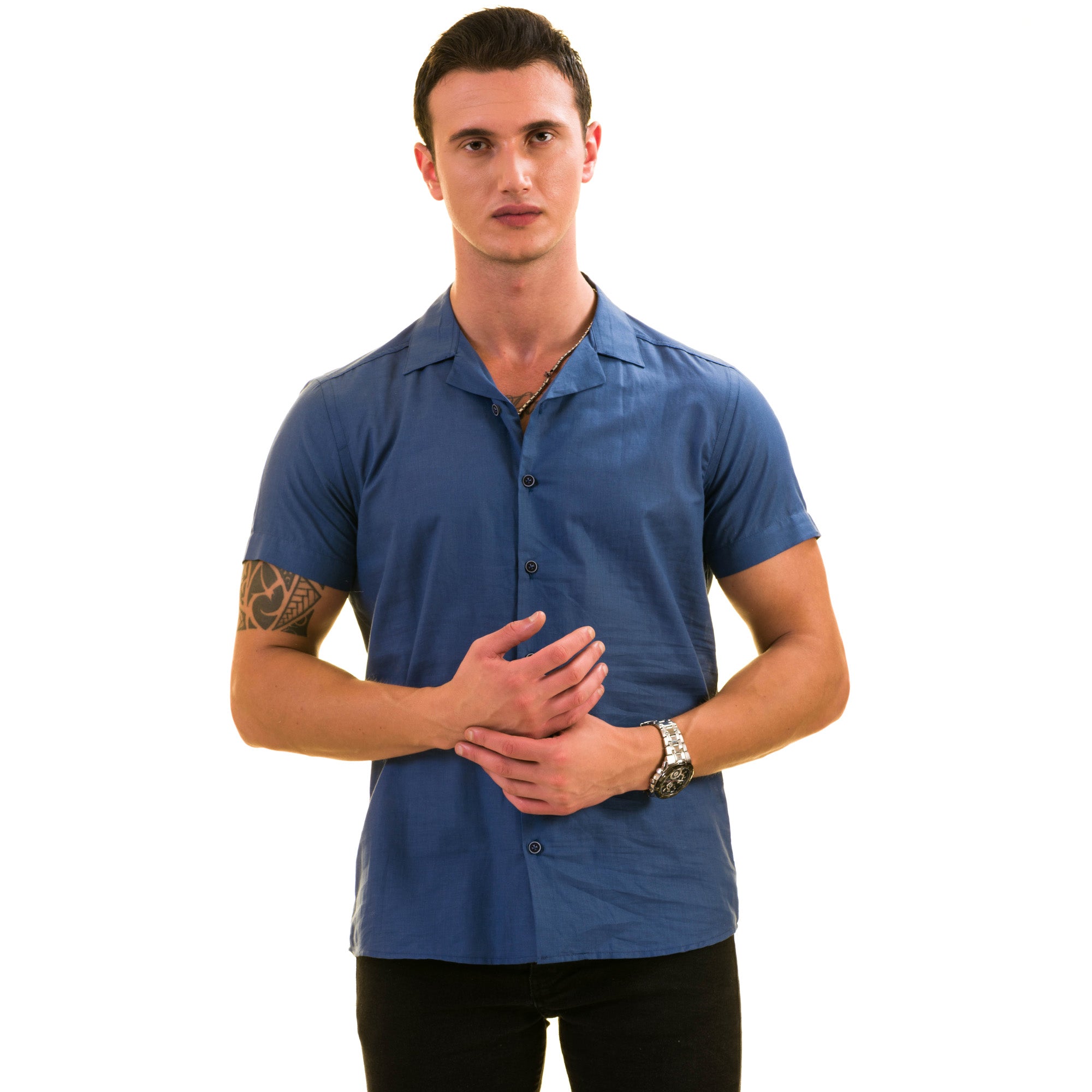 Metallic Blue Hawaiian Shirt for Men - European Designed Summer Style - Image 2