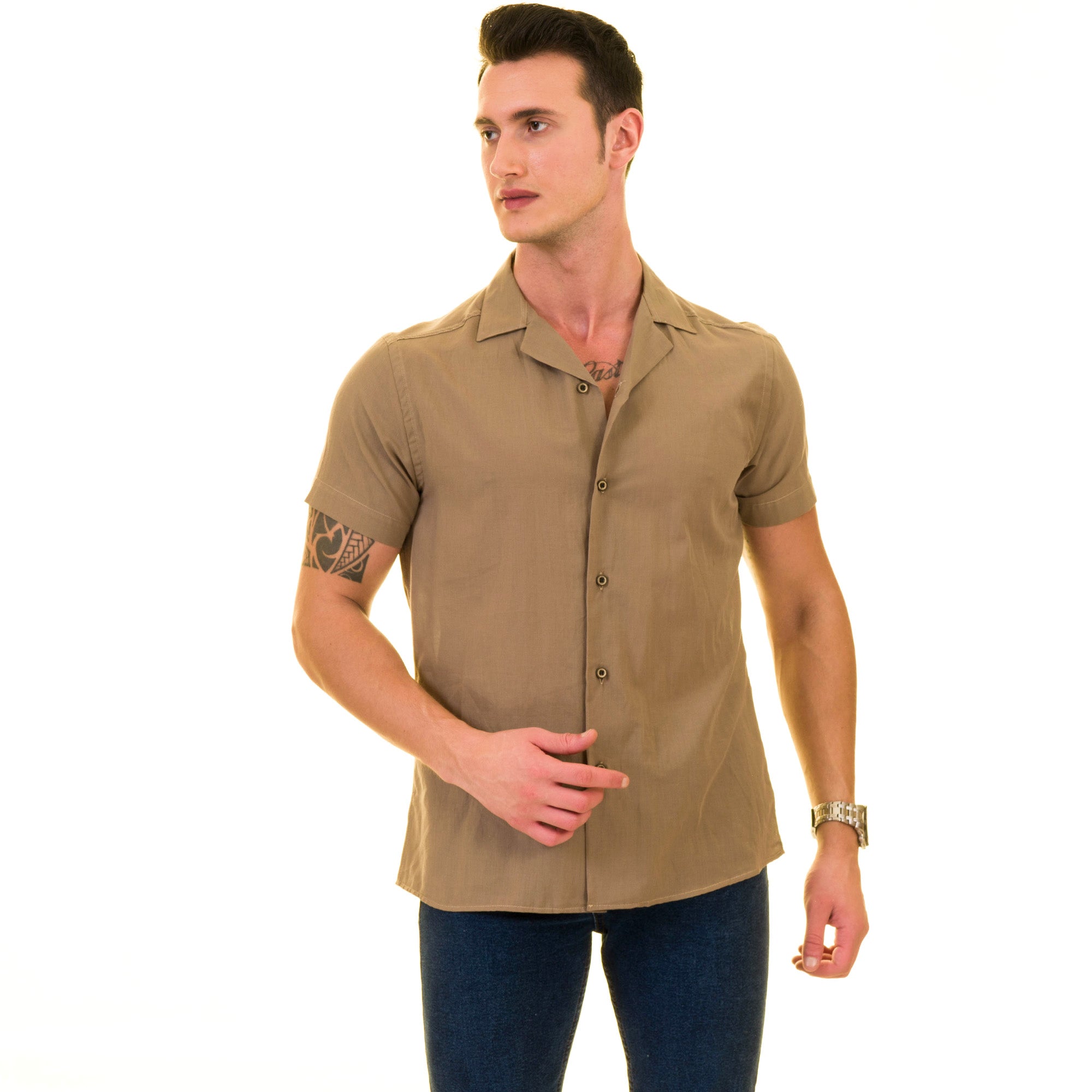 Solid Tan European Made Hawaiian Summer Shirt for Men - Premium Designer