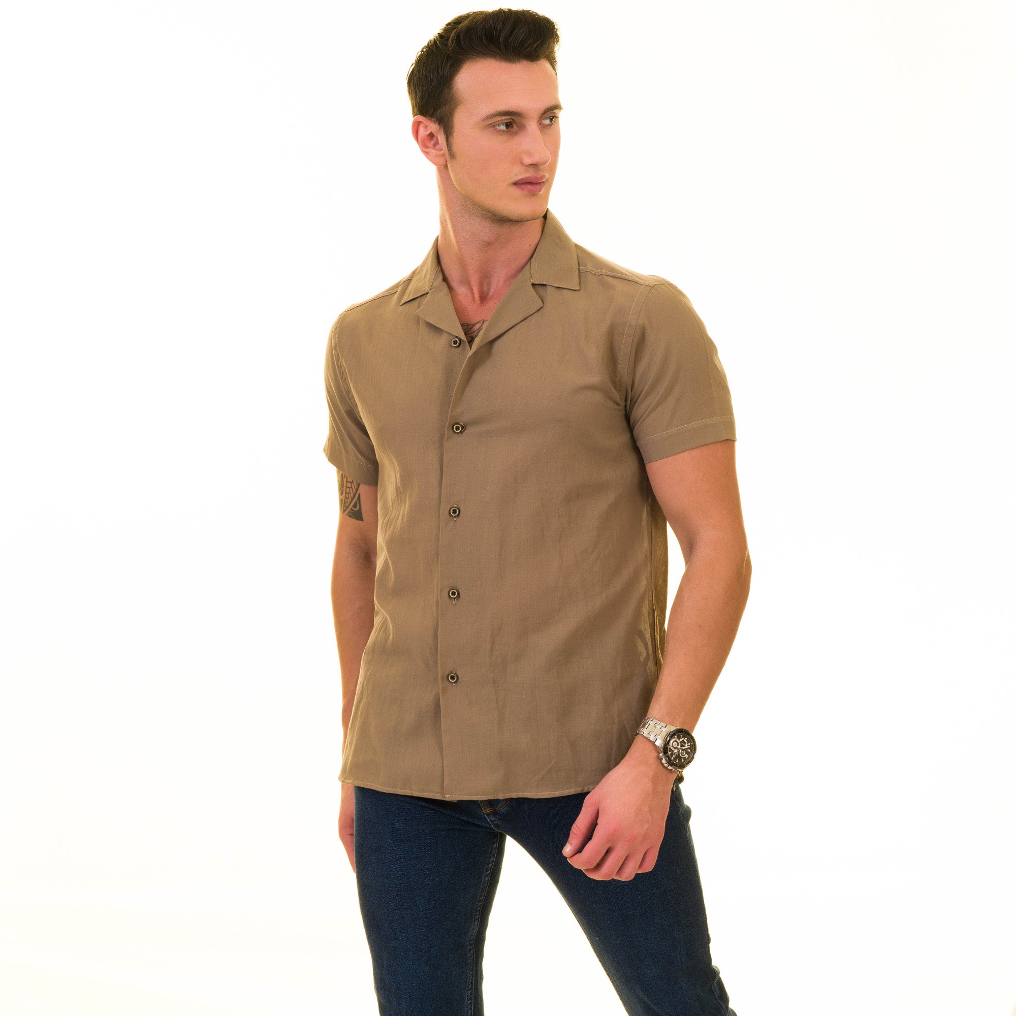 Solid Tan European Made Hawaiian Summer Shirt for Men - Premium Designer - Image 5