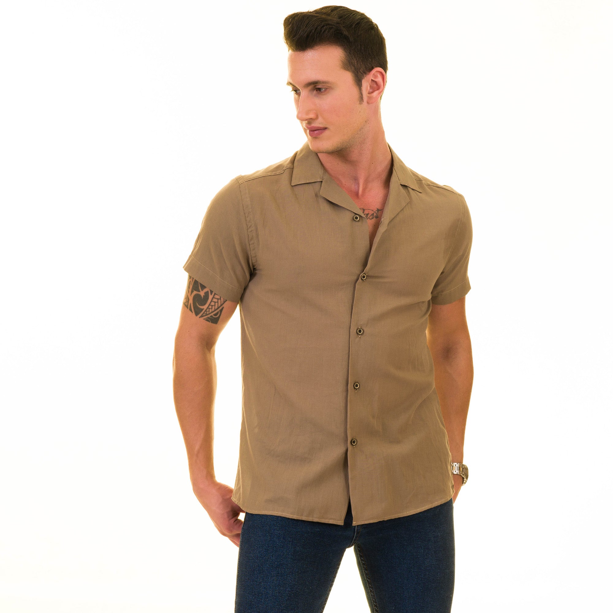 Solid Tan European Made Hawaiian Summer Shirt for Men - Premium Designer - Image 4