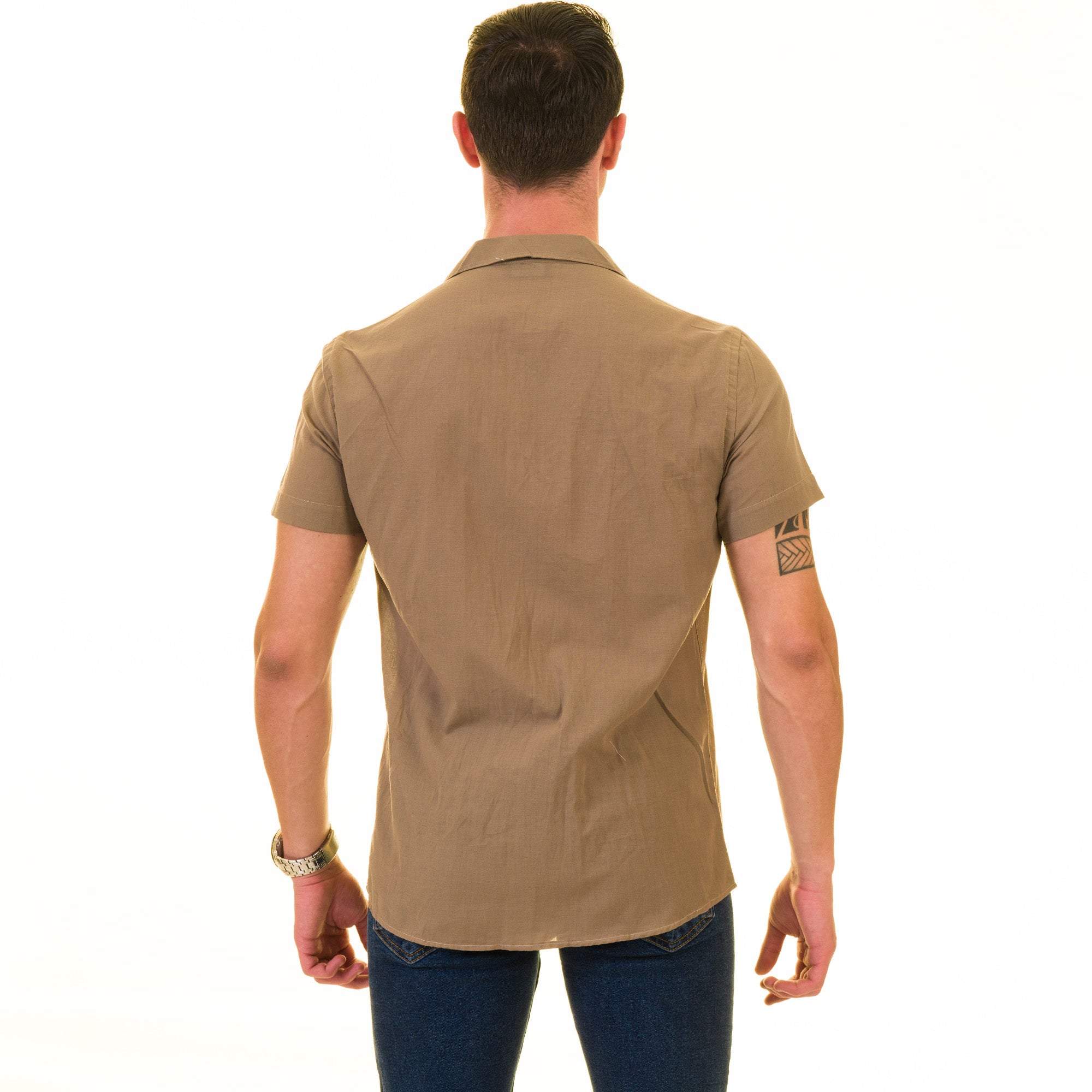 Solid Tan European Made Hawaiian Summer Shirt for Men - Premium Designer - Image 3