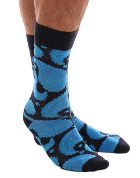 Blue Paisley Mens Colorful Crew Socks - Premium Cotton Fun socks with Soft Elastic - 3 Pack Bundle - Amedeo Exclusive