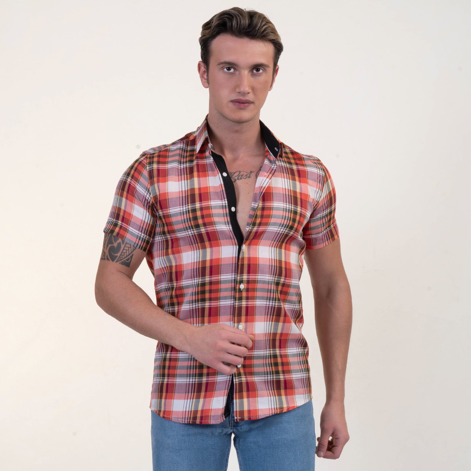 Red Plaid Nova Check Mens Short Sleeve Button up Shirts - Tailored Slim Fit Cotton Dress Shirts - Image 2