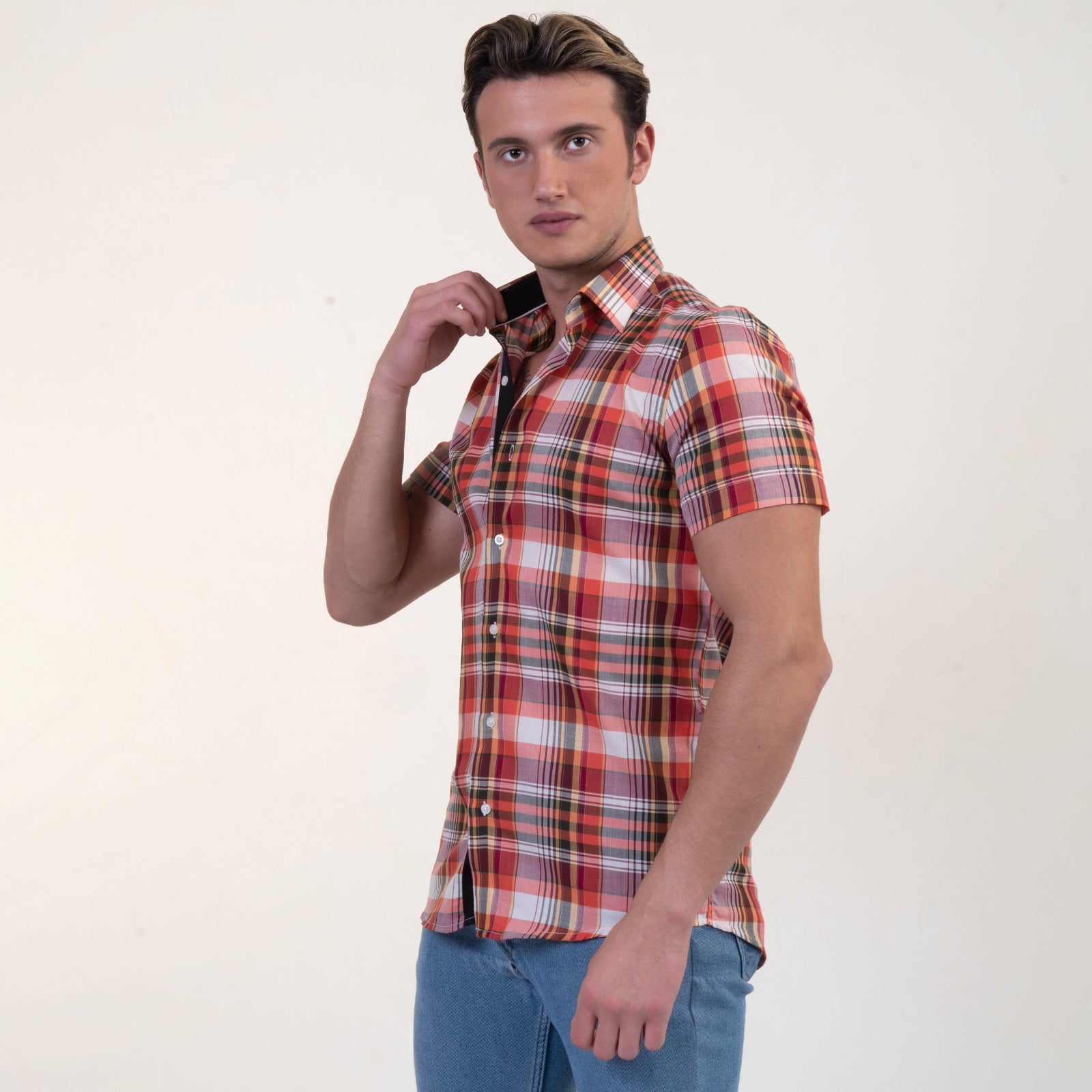Red Plaid Nova Check Mens Short Sleeve Button up Shirts - Tailored Slim Fit Cotton Dress Shirts - Image 3