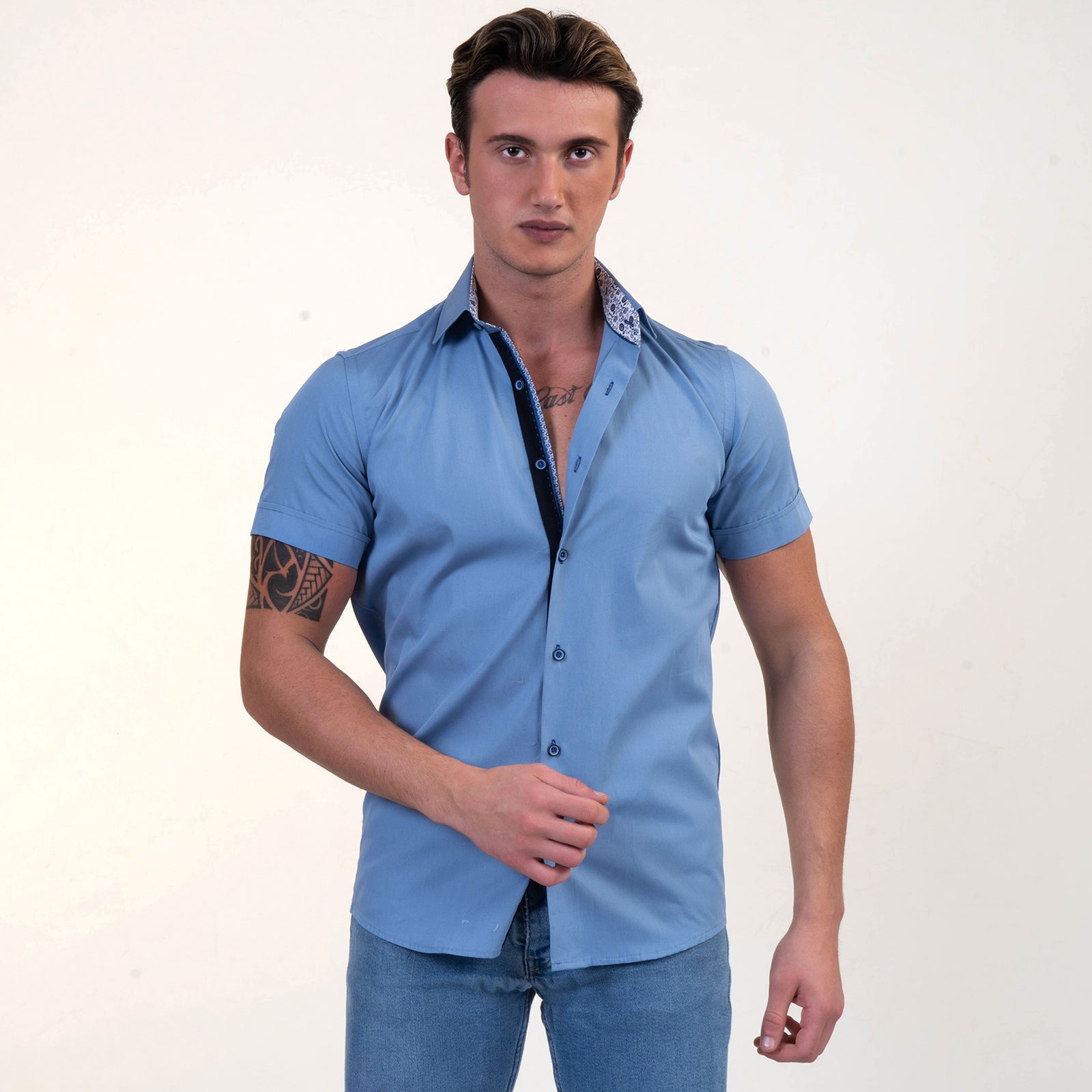 Solid Blue With White Mens Short Sleeve Button up Shirts - Tailored Slim Fit Cotton Dress Shirts - Image 2