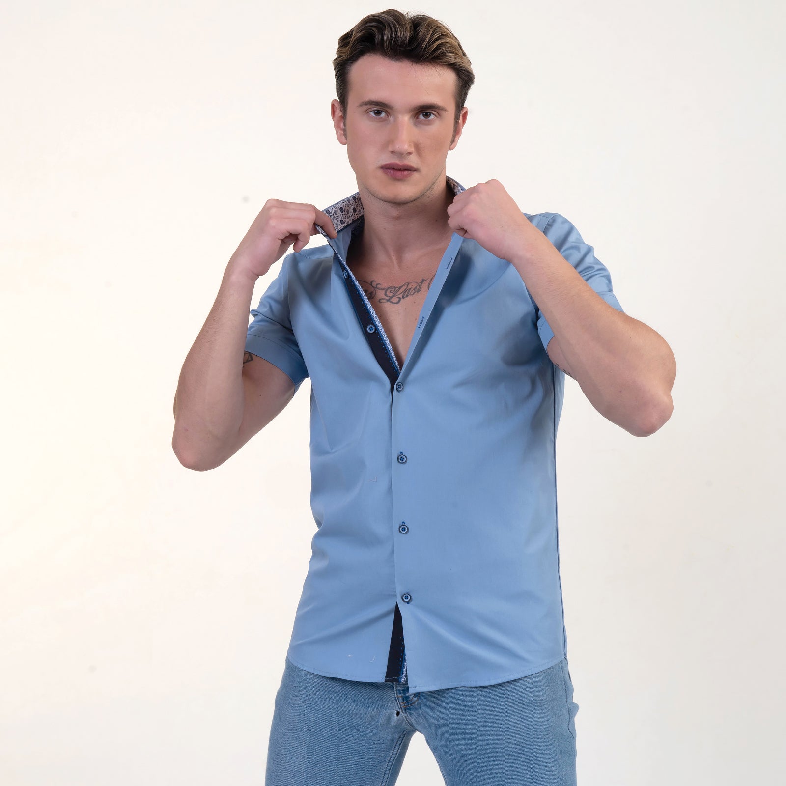 Solid Blue With White Mens Short Sleeve Button up Shirts - Tailored Slim Fit Cotton Dress Shirts - Image 3